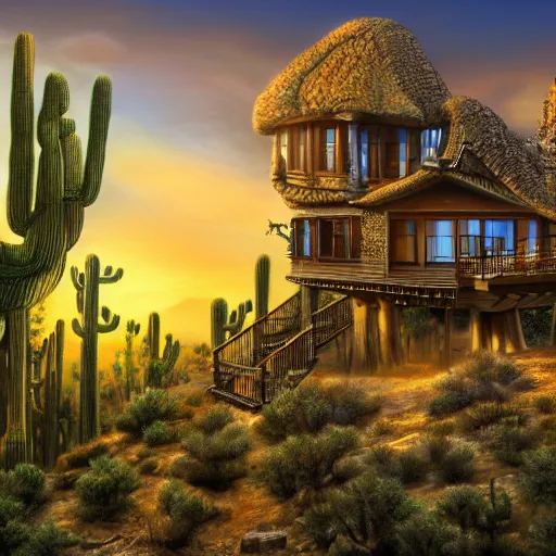 Image similar to fancy treehouse mansion built in a giant cactus on top of plateau overlooking grand canyon at sunset detailed luminescent airbrushed painting 4 k