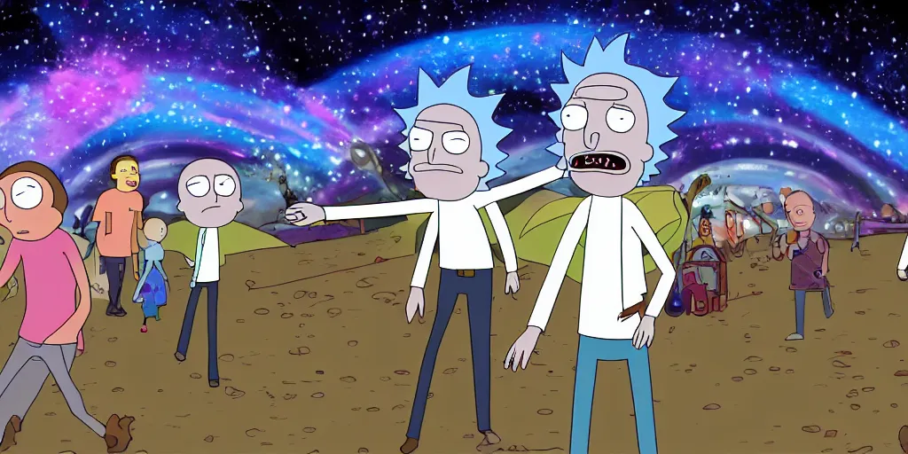 Image similar to sky, stars, galaxy, rick and morty playing harry potter