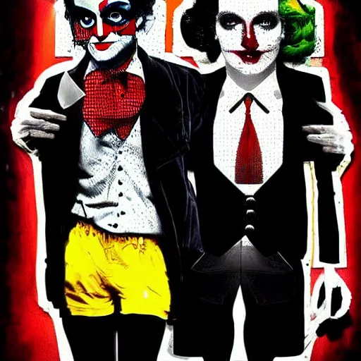 Image similar to mimmo rottela and banksy as joaquin phoenix skinny joker holding hand lady gaga harley queen, photorealistic, intricate details, pop art style, concept art, 3 colors, 4 d, smooth, sharp focus