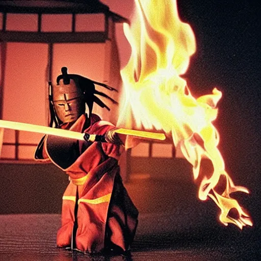 Prompt: cinematic film still Lil' Wayne starring as a Samurai holding fire, Japanese CGI, VFX, 2003, 400mm lens, f1.8, shallow depth of field,film photography