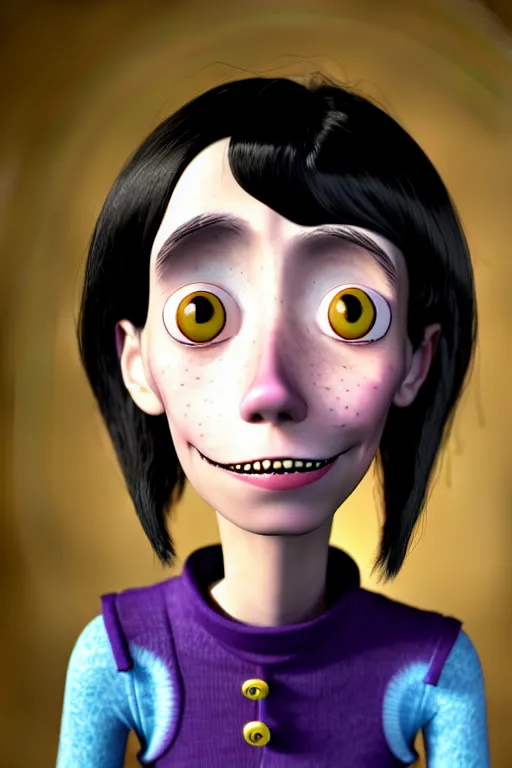 Image similar to a well composed 4k award winning sharp and detailed digital realistic hollywood headshot of Coraline Jones as a human from Coraline (2009), realistic photo