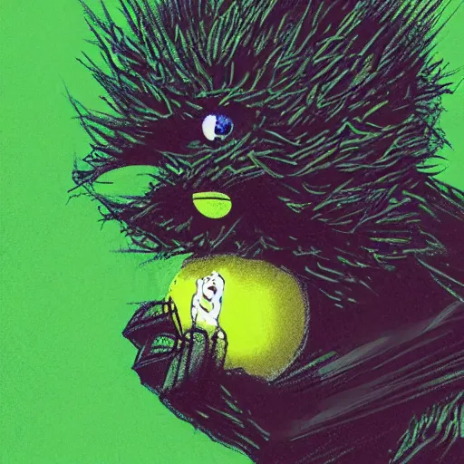 Image similar to a tennis ball monster ,tennis ball, lightning, chalk, digital art, fantasy, magic, trending on artstation, ultra detailed, professional illustration by Basil Gogos