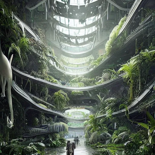 Prompt: epic, ultra detailed, hyper - real alien jungle by greg rutkowski inside a giant research facility by zaha hadid