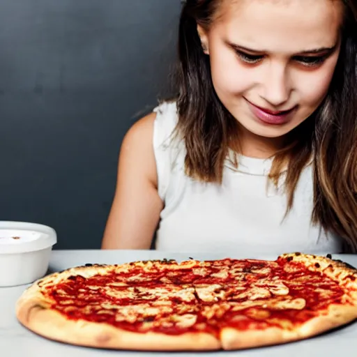 Image similar to girl eating boneless pizza