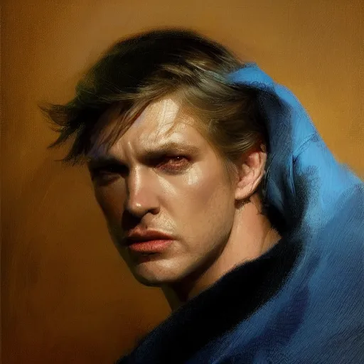 Image similar to detailed cinematic wide shot of beautiful attractive donal trump slim face symettrical face clean skin blue eyes black robe smooth, sharp focus, ultra realistic, spring light, painting by gaston bussiere, craig mullins, j. c. leyendecker