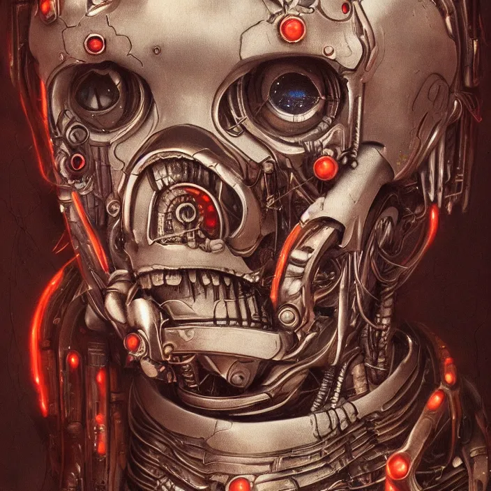 Image similar to in the art style of h. r. giger a portrait of a ruby ultron from age of ultron, clockwork steampunk, head and chest only, by beksinski, 4 k, deviantart, trending on artstation