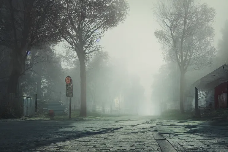 Prompt: street both sides lined with haunted houses, photo realistic octane render, volumetric lighting, magic fog, sunlight through the trees cinematic, hyperrealistic, fog, cinematic lighting, volumetric lighting, tranquillity, hyper detailed, enhanced hd, ultra view, 8 k