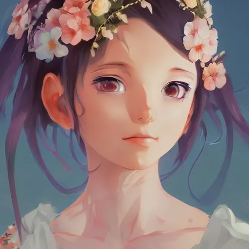 Image similar to portrait of anime pixie character with flower crown hair, manga cover, highly detailed, digital painting, artstation, concept art, sharp focus, illustration, strong brush stroke, anime, art by greg rutkowski, ilya kuvshinov, sharp focus, ghibli studio, art by ilya kuvshinov, rossdraws