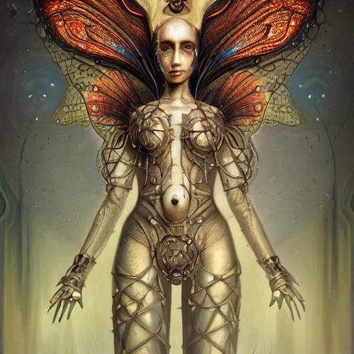 Image similar to realistic illustration of a beautiful rusted mechanical faerie queen with glowing eyes, moth wings with geometric patterns, reflective detailed textures, highly detailed dark fantasy science fiction painting by tom bagshaw and diego rivera and jean delville, silver and cool colors, artstation, octane render