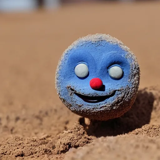 Image similar to photo of a small round creature made of dirt with round blue eyes and a round clown nose and a cute smile