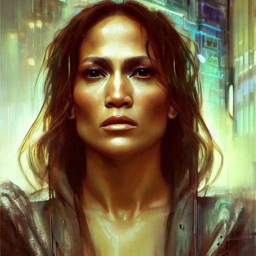 Image similar to jennifer lopez, hyperrealistic portrait, bladerunner street, art of elysium by jeremy mann and alphonse mucha, fantasy art, photo realistic, dynamic lighting, artstation, poster, volumetric lighting, very detailed face, 4 k, award winning