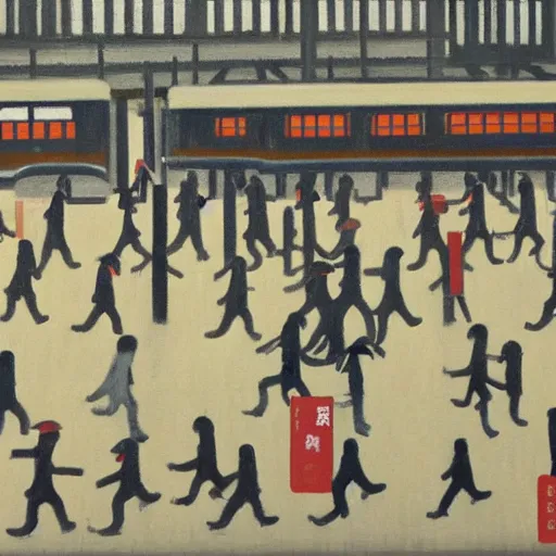 Prompt: painting of japanese commuters heading to the central business district of tokyo, painted by laurence stephen lowry, oil on canvas, national gallery