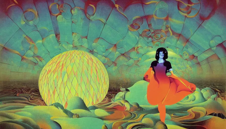 Image similar to musical goddess performing in the dome outside Osaka, surrealist psychedelic collage painting in the style of Magritte, Roger Dean, Yoshio Awazu, muted deep neon color