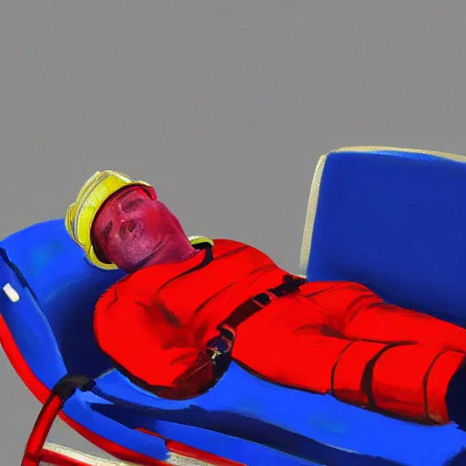 Image similar to Short firefighter asleep on blue reclining chair, digital art