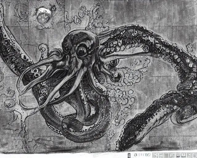 Image similar to camera footage of a extremely aggressive Giant mutated Octopus with glowing white eyes, Human Features, Teeth, in an abandoned shopping mall, Psychic Mind flayer, Terrifying, Silhouette :7 , high exposure, dark, monochrome, camera, grainy, CCTV, security camera footage, timestamp, zoomed in, Feral, fish-eye lens, Fast, Radiation Mutated, Nightmare Fuel, Wolf, Evil, Bite, Motion Blur, horrifying, lunging at camera :4 bloody dead body, blood on floors, windows and walls :5