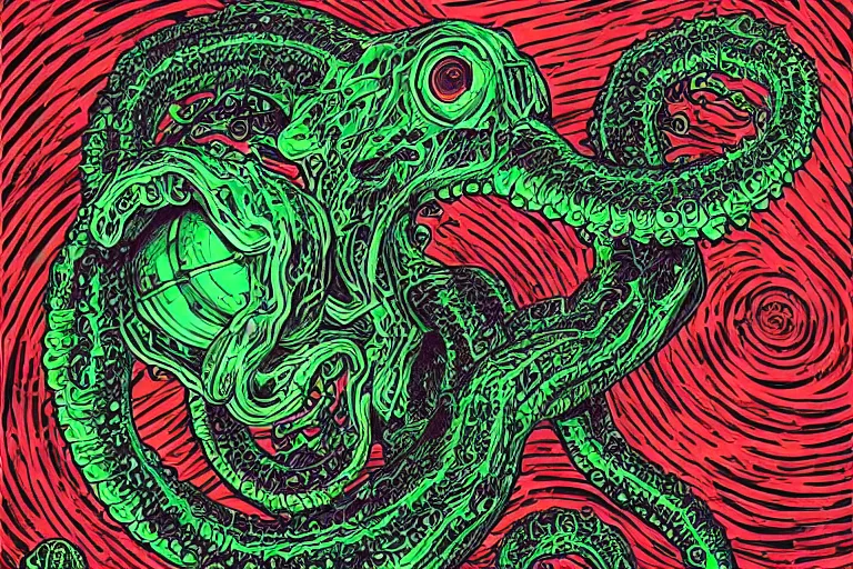 Image similar to a giant lovecraftian skulled tentacle creature gripping a black hole by dan mumford, digital art, photorealistic, vivid colors, highly detailed, intricate