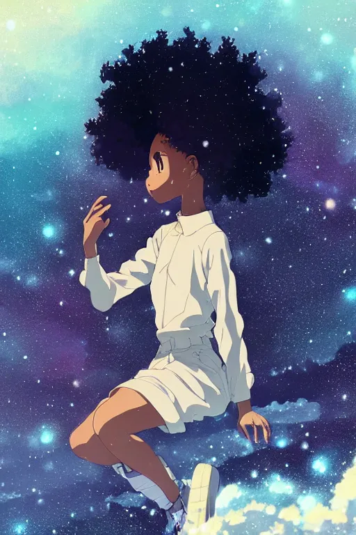 Prompt: ( a young black girl with a nebula afro ) sitting on a cliff, trending on pixiv fanbox, painted by makoto shinkai takashi takeuchi studio ghibli, akihiko yoshida, yoshitaka amano, wangechi mutu, clean cel shaded vector art, illustration, hd, 8 k