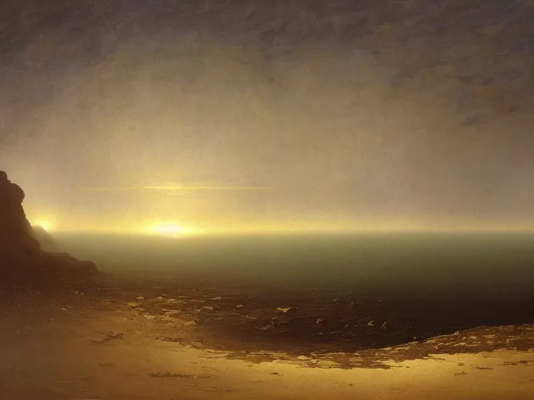 Image similar to an oil painting of an alien planet and the coastline of a black ocean at dawn, beautiful sky by beksinski carl spitzweg and tuomas korpi. baroque elements, full-length view. baroque element. intricate artwork by caravaggio. Trending on artstation. 8k