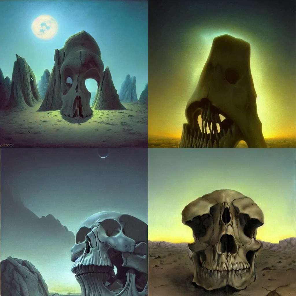 Prompt: jaw bone mandible skull in the green moonlit desert, a large glass monolith in the desert, surrealism, by Tyler Edlin and Jean Delville