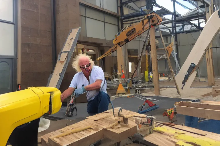 Prompt: doc brown working construction, building a giant flux capaciator