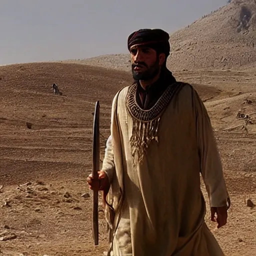 Prompt: Kurdish shepherd wearing Kurdish clothes in a movie directed by Christopher Nolan, movie still frame, promotional image, imax 70 mm footage