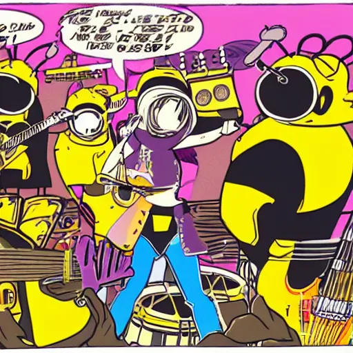 Image similar to bumblebee rock band with instruments on stage from an archie comic book