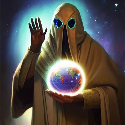 Image similar to creator of worlds wearing a cloak, masked, and holding a holographic planet projection in his hand, detailed, sci - fi, digital painting, artstation, sharp focus, illustration, ominous, artgerm, syd mead, tomasz alen kopera, peter mohrbacher, donato giancola, joseph christian leyendecker, wlop, frank frazetta