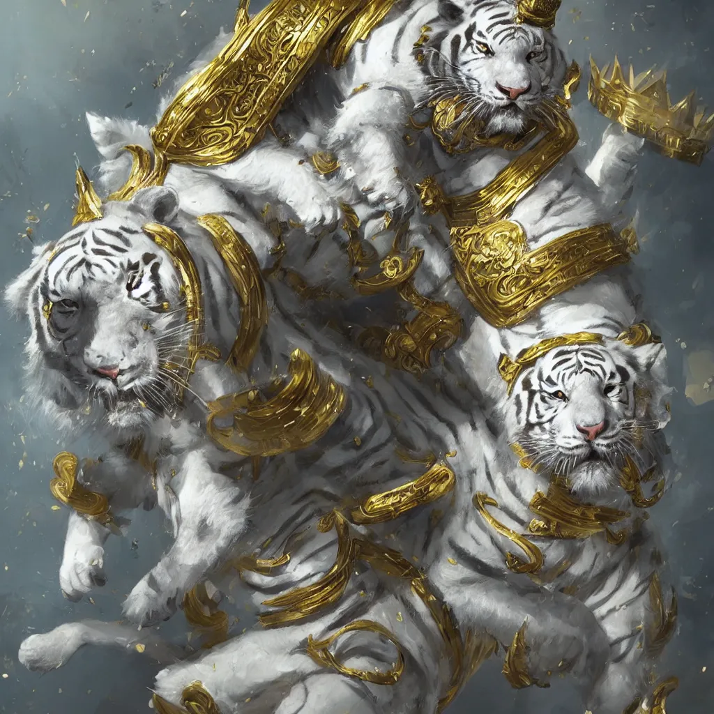 Prompt: artwork of a white tiger king with gold crown and blue king suit, concept art, super detailed, 4 k hd, trending on artstation, digital painted, low contrast, made by greg rutkowski and viktoria gavrilenko