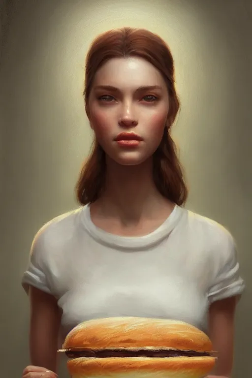 Prompt: portrait of a beautiful model in a bakery presenting a roll, dramatic lighting, highly detailed, digital painting, artstation, concept art, smooth, sharp focus, illustration, art by wlop, mars ravelo and greg rutkowski