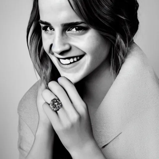 Image similar to A photo of laugh emma watson show wedding ring on his fingers. 50 mm. perfect ring. award winning photography