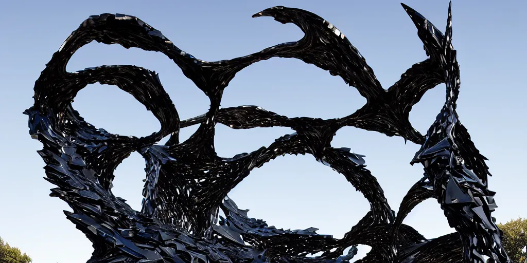 Image similar to ASYMMETRICAL irregular brutalist black-metal winged sculpture made of glossy black liquid latex and industrial hardware, jagged spiraling shapes, strange angles and spidery edges, designed by nancy grossman, anish kapoor, herman nitsch, 8k, hyperrealistic, hyper-detailed, highly textured, gloss finish, dark volumetric lighting