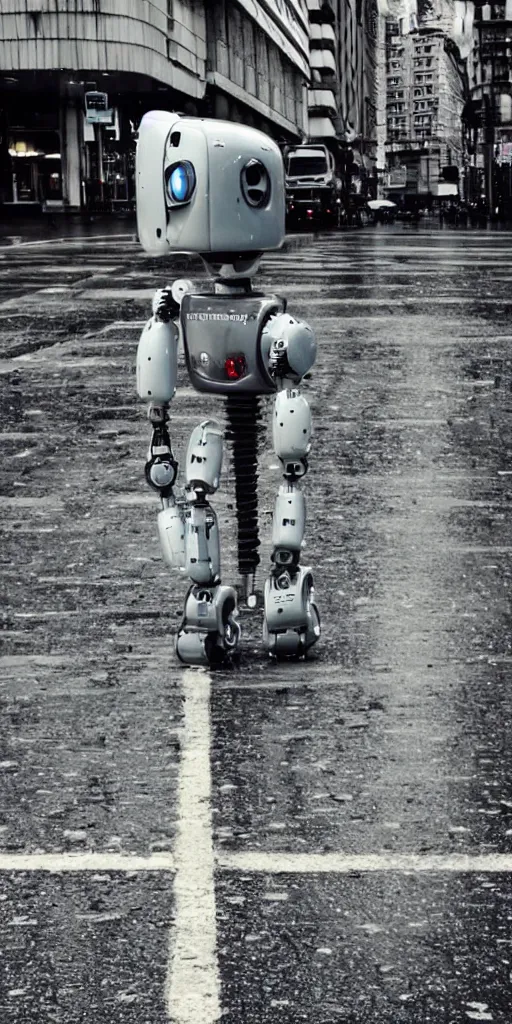 Image similar to robot on the road, city, photo, rain,