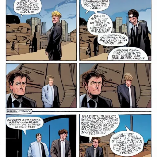 Prompt: A marvel comic of the tenth doctor standing on one side of a canyon, and Boris Johnson standing on the other, daytime