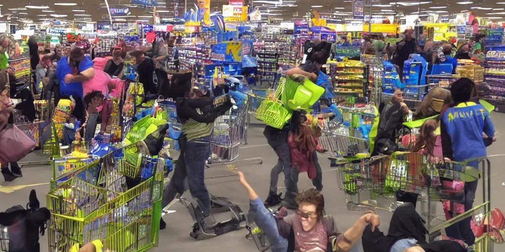 Prompt: a highly detailed photo of aliens fighting with Walmart customers, hilarious