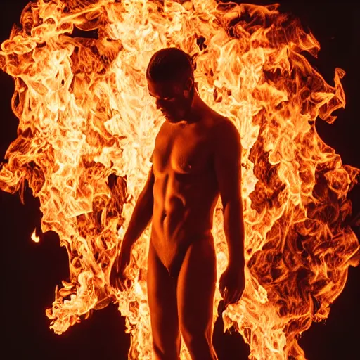 Image similar to realistic expired kodak film full body portrait of an fire performer,, hyperrealism, hypermaxiymalism, photorealistic, detailed, atmospheric, 8 k, award winning photography, cinematic