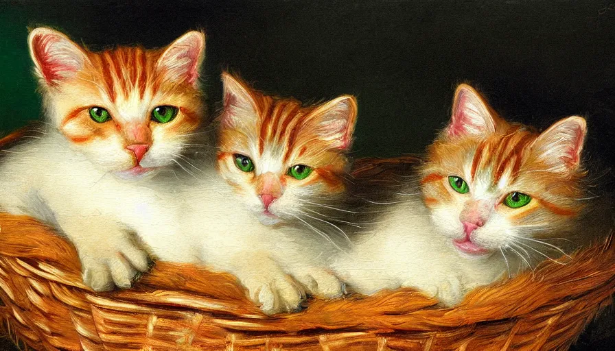 Prompt: highly detailed painting of green and red furry cats cuddling in a basket by william turner, thick brush strokes and visible paint layers, 4 k resolution