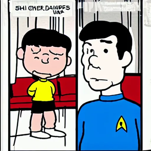 Image similar to chris kattan as spock on board uss enterprise in the style of charles schulz, star trek, peanuts, comic, cartoon, smooth lines