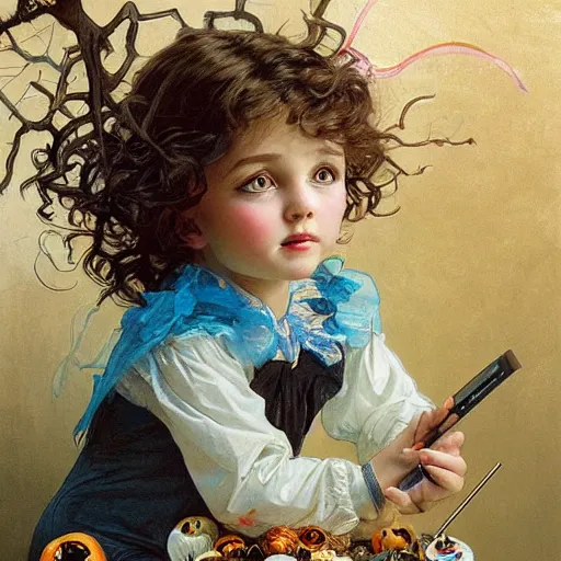 Image similar to a cute happy little girl with light brown wavy curly hair and blue eyes sitting amidst piles of halloween decorations. beautiful cute highly detailed face. halloween themed painting by artgerm and greg rutkowski and alphonse mucha.