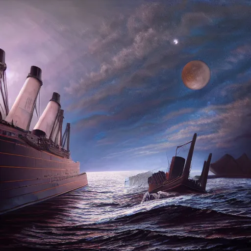 Prompt: hyperrealistic painting of the highly detailed photorealistical shipwreck of titanic laying on lunar landscape, background space, galaxy, mystical light, concept art, art station, award winning art, 8k, octane render, unreal engine 5