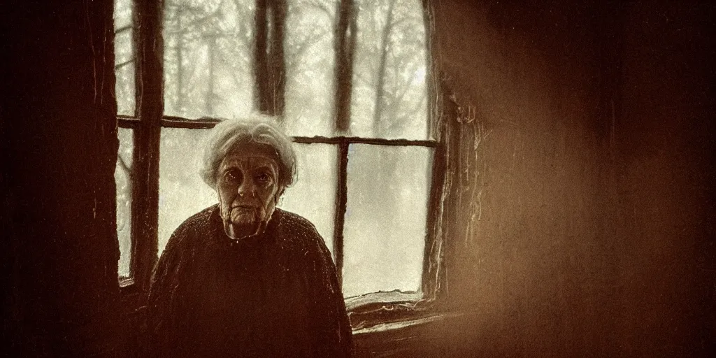 Prompt: portrait bust of old woman, tired expression, faded color film, russian cinema, tarkovsky, kodachrome, inside old cabin, next to window, heavy forest outside, long brown hair, old clothing, heavy fog, brown color palette, hudson river school, 4 k, dramatic lighting, greg rutkowski