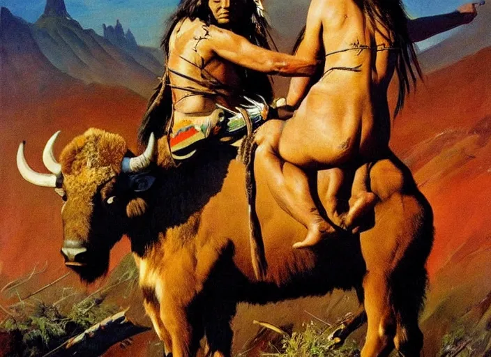 Image similar to powerful native american warrior!! beautiful native american sitting on bison, buffalo, painted by frank frazetta