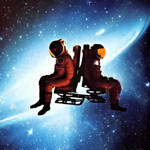 Image similar to Space Cowboy and Astronaut sitting on a chair with studio lighting, time traveling in space while looking at the dark side of the moon, highly detailed, NASA photo style, psychedelic, photo realism