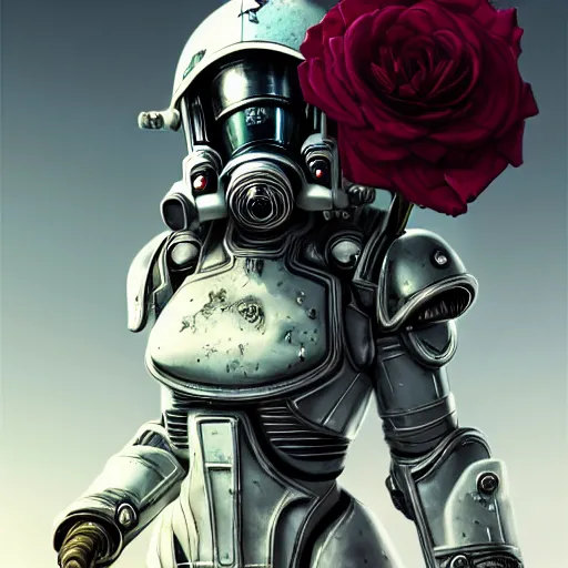 Image similar to perfectly - centered!! looking at the camera!!! low - angle!! full body portrait of fallout brotherhood in white power armor with roses, intricate abstract helmet intricate artwork, by tooth wu, wlop, beeple, dan mumford. concept art, octane render, deviantart, greg rutkowski, cinematic arthouse, key art, hyper realism, iridescent accents