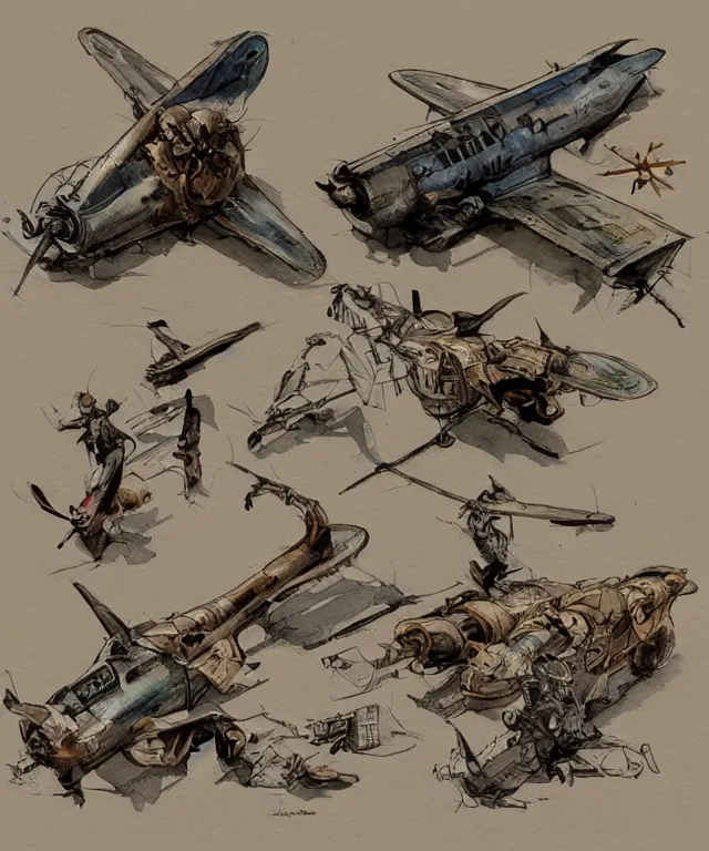Prompt: the golden age of American illustration archive gesture drawings color pen and ink and pencil sketch vehicle concept design game asset of sketches watercolor of a retro steampunk airplane ww1 by Stanley Artgerm Lau, WLOP, Rossdraws, James Jean, Andrei Riabovitchev, Marc Simonetti, and Sakimichan, tranding on artstation , assets, character design, tending on pinterest, trending on cgtalk, trending on concept art, trending on vehicle design