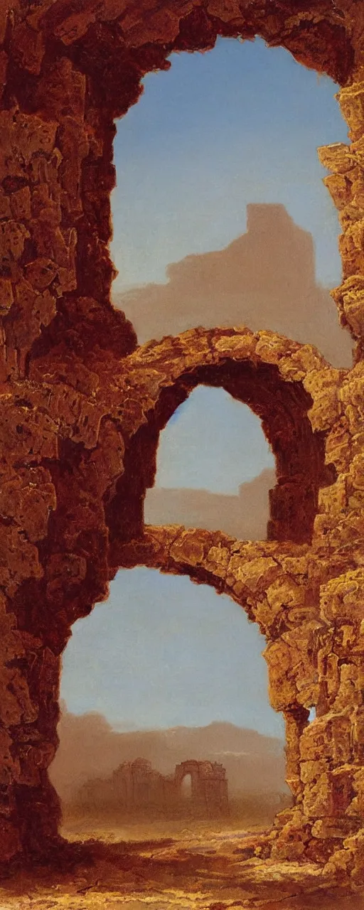 Image similar to A stone-brick archway, through which can be seen a desolate savannah, by Bruce Pennington and Albert Bierstadt