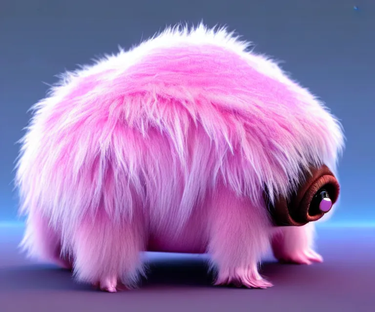 Image similar to high quality 3 d render hyperrealist very cute small tardiradiant, plush mascot, long spiky fluffy smooth hair, photo from the side, pink fluffy fur, vray, smooth background, artstation, ultra detailed