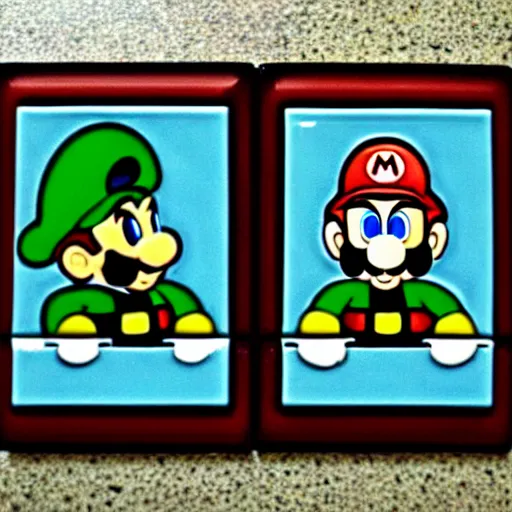 Prompt: mario and luigi as bathroom tile art