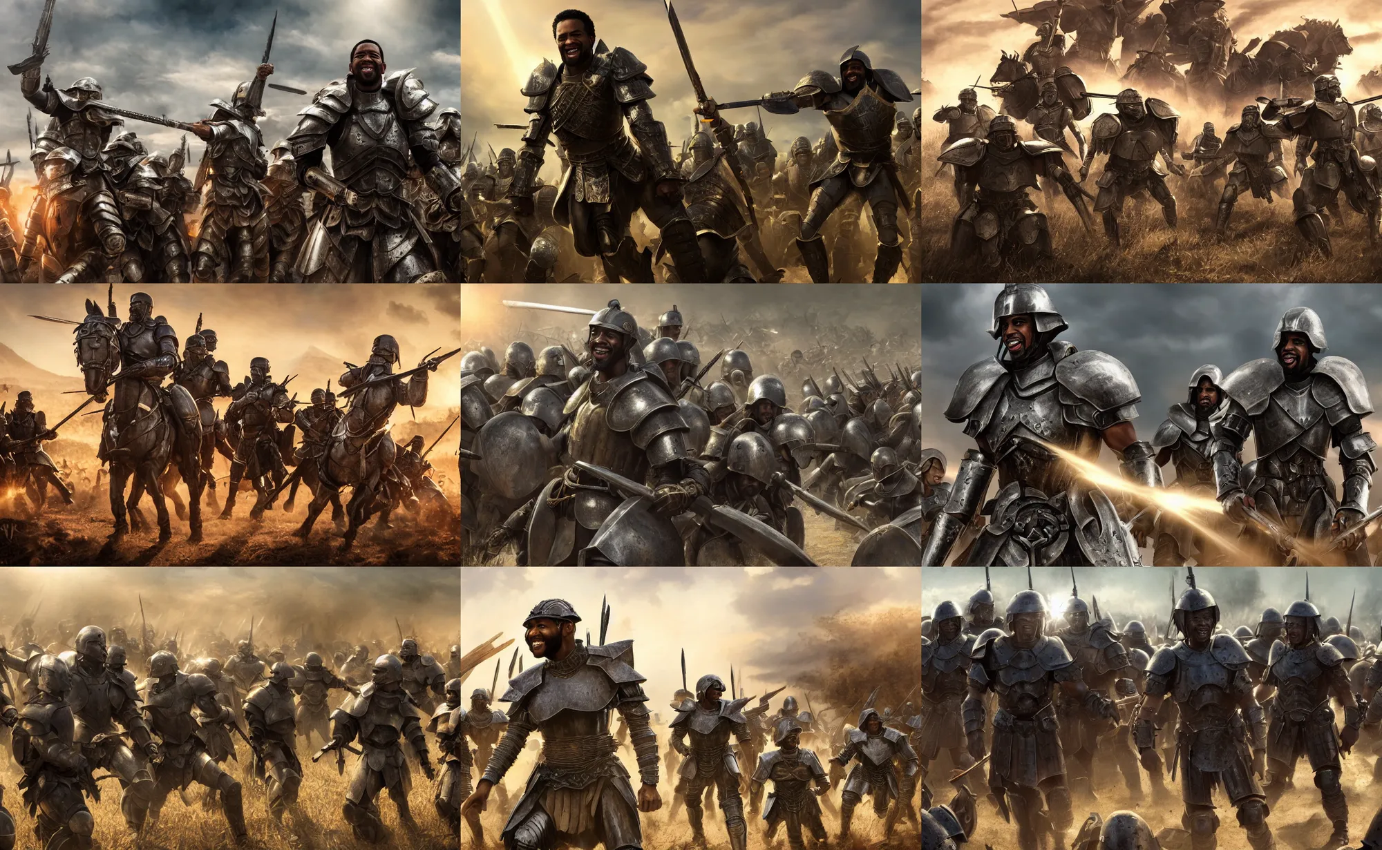 Prompt: cinematic artwork a light skin black man with short hair and a stubble smiling confidently surrounded by armored warriors in battle by greg rutowski, 4 k, sun rays, masterpiece