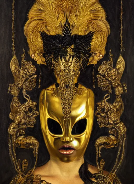 Prompt: highly detailed oil painting | very intricate | cinematic lighting | black, white and gold color scheme, dark background | the tiki mask by alexander mcqueen | by roberto ferri, by gustav moreau, by singer sargent and klimt, american romanticism, occult art | by austin osman spare, artstation, cgsociety, official art, octane