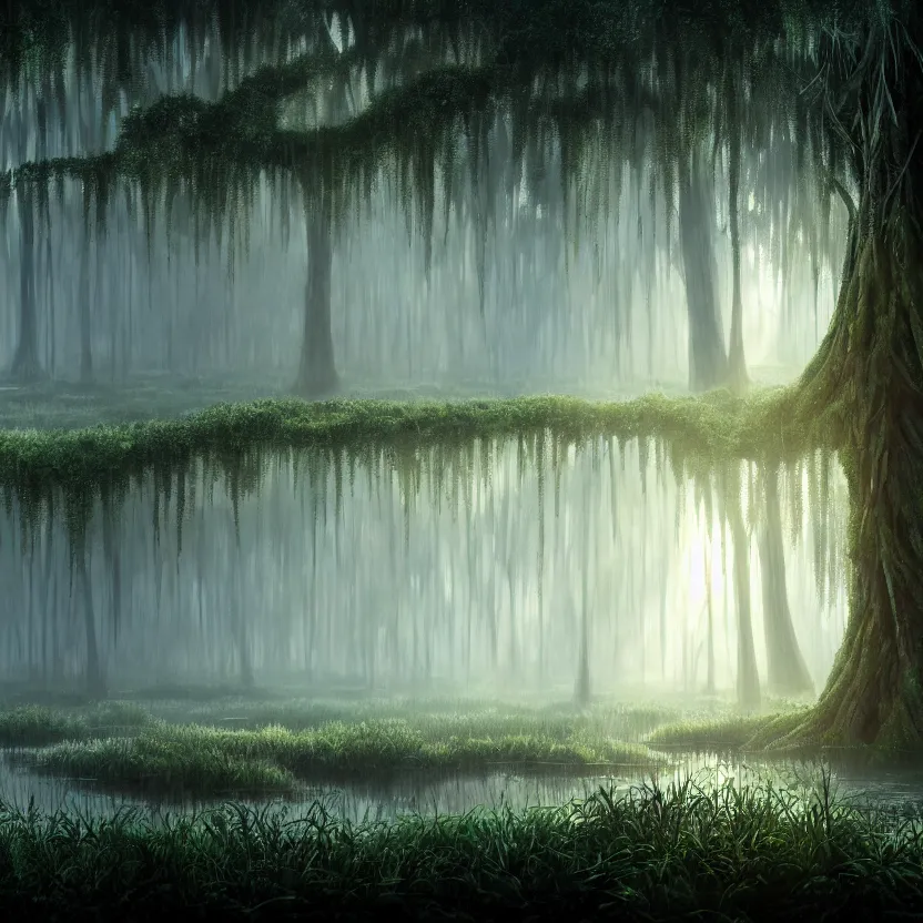 Prompt: a swamp viewed from afar with one huge tree in the middle, dark colors, glowing plants, misty background, light rays, sunset!, birds, beautiful lighting, vivid colors, intricate, elegant, smooth, sharp focus, highly detailed digital painting, concept art, cinematic, unreal engine, 4 k wallpaper, svetlin velinov, tarmo juhola, artstation trending
